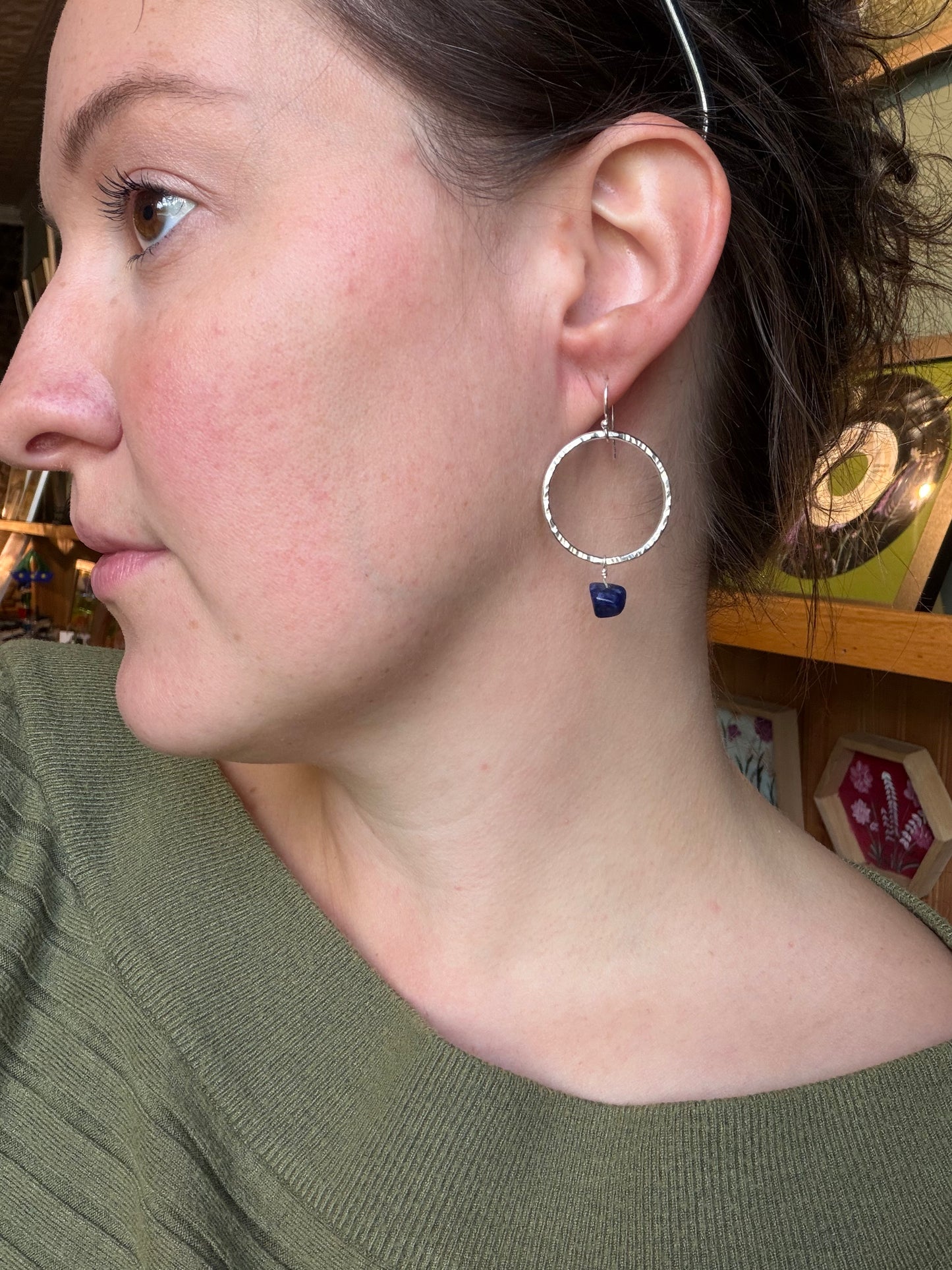 Small Hammered Hoops with Sodalite Beads