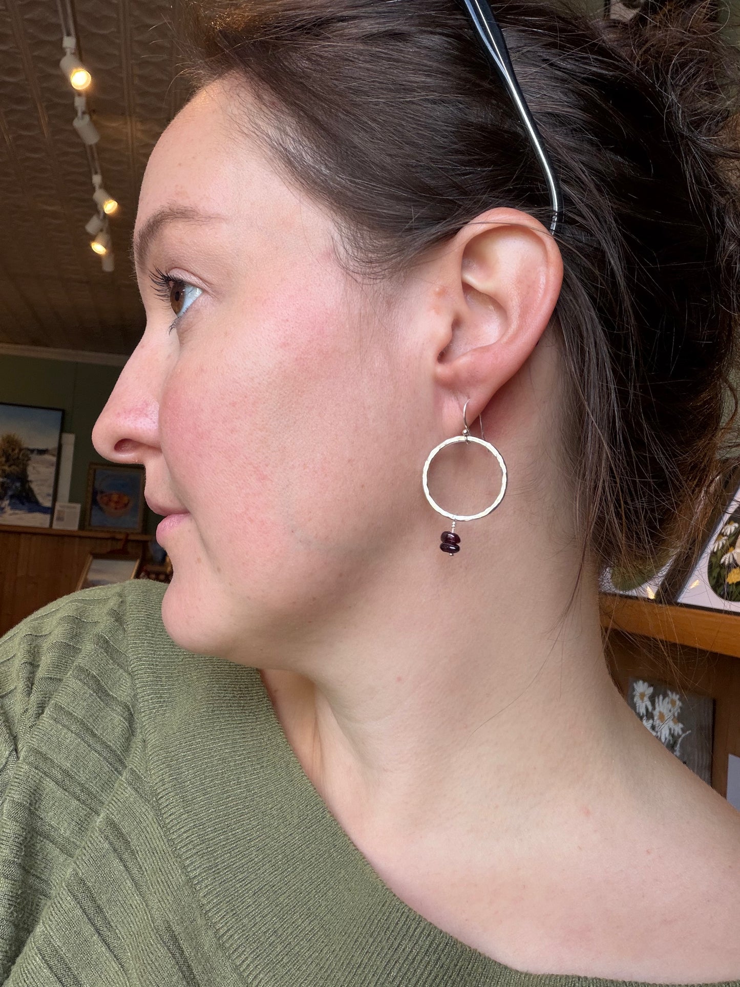 Small Hammered Hoops with Garnet Beads