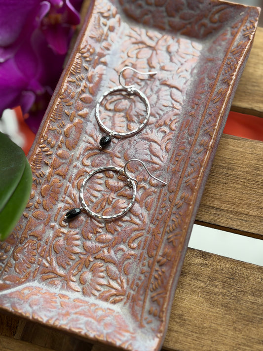 Small Hammered Hoops & Black Tourmaline Beads