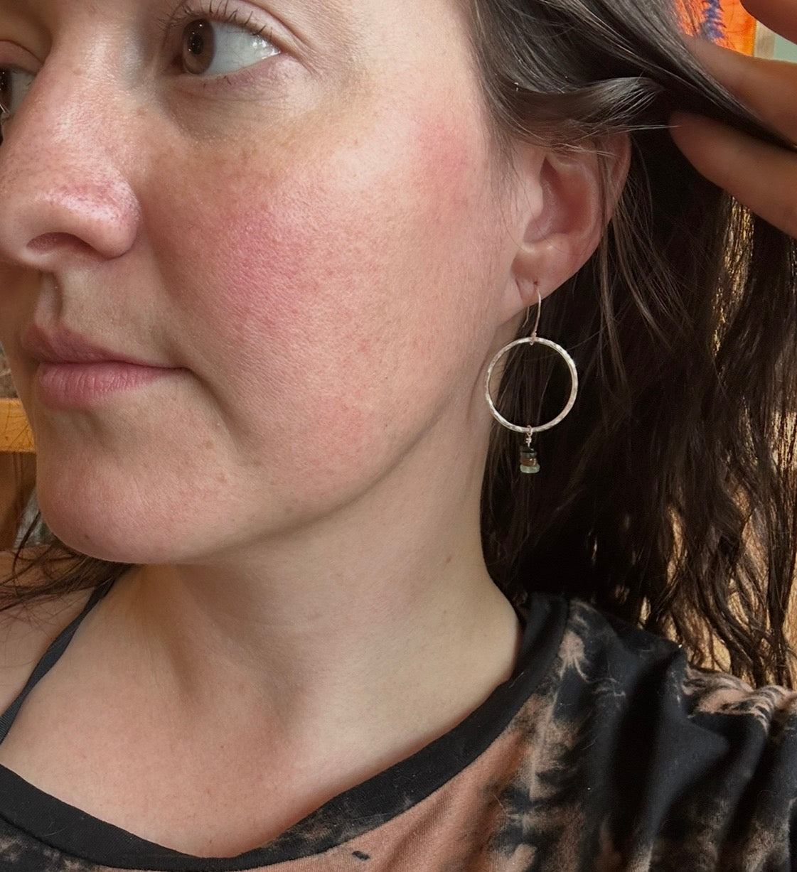 Small Hammered Hoops & Rainbow Tourmaline Beads