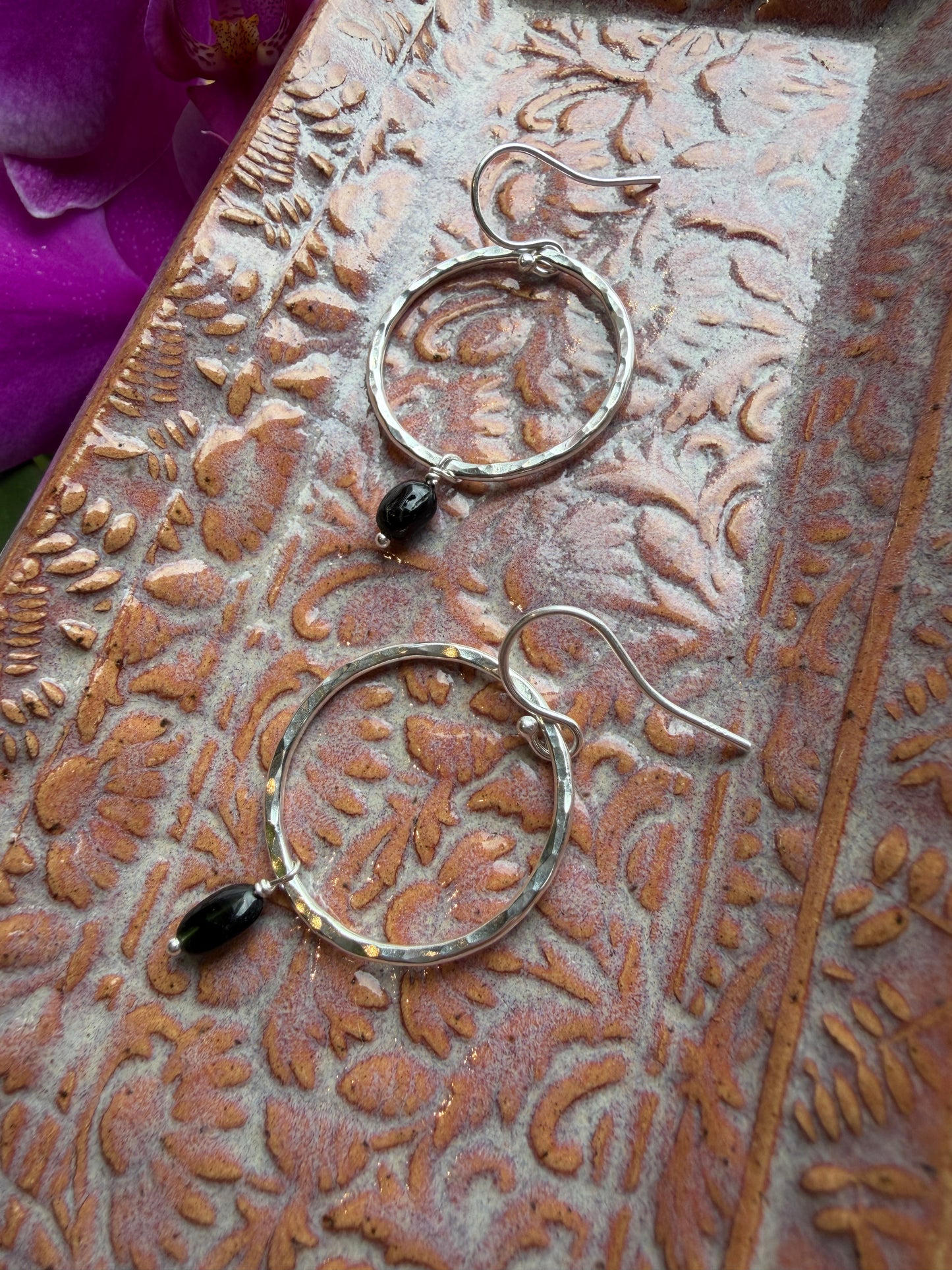 Hammered Hoops & Black Tourmaline Beads