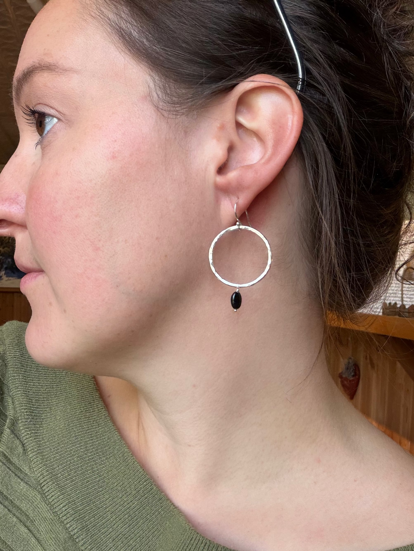 Hammered Hoops & Black Tourmaline Beads