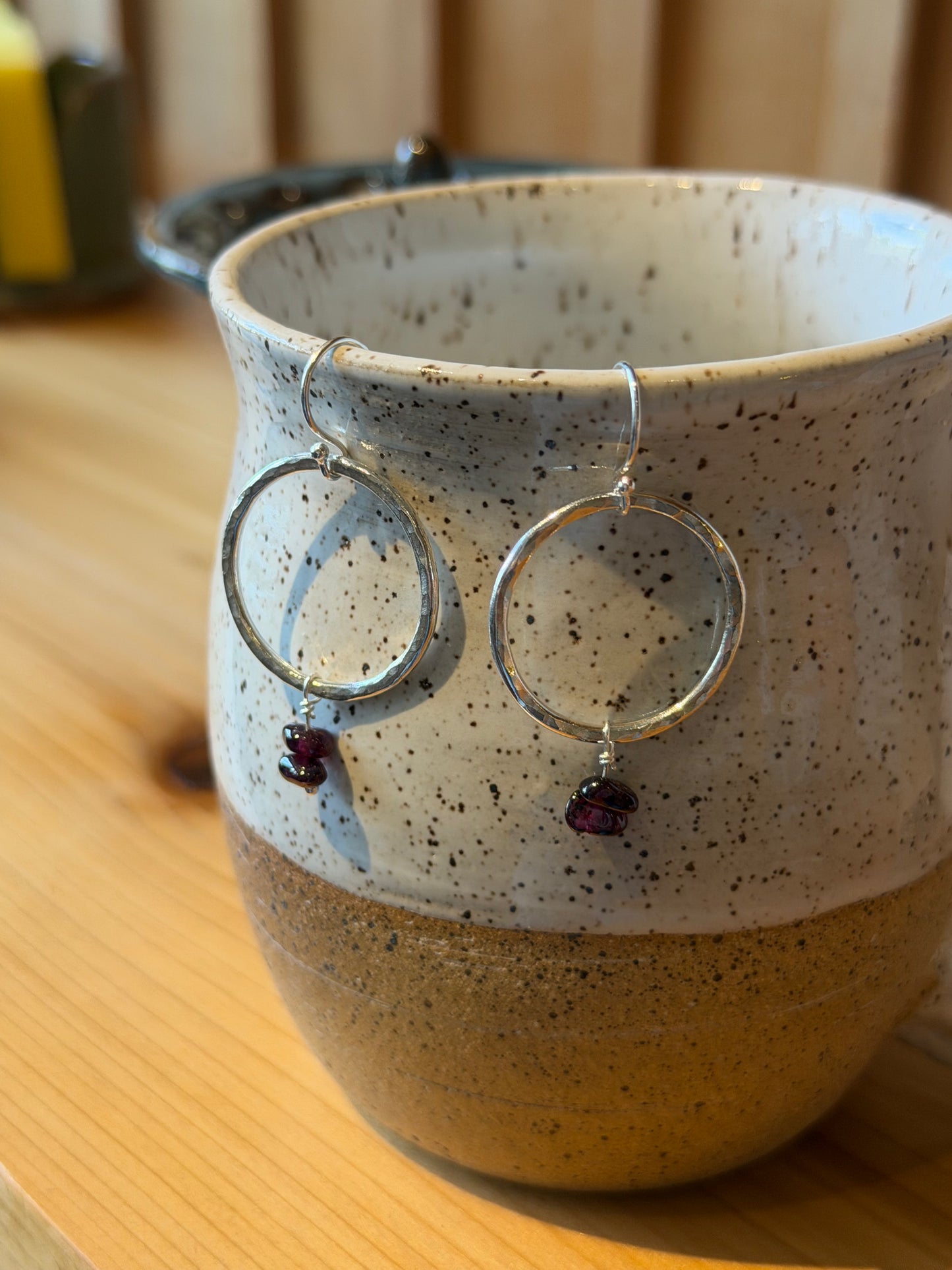 Small Hammered Hoops with Garnet Beads