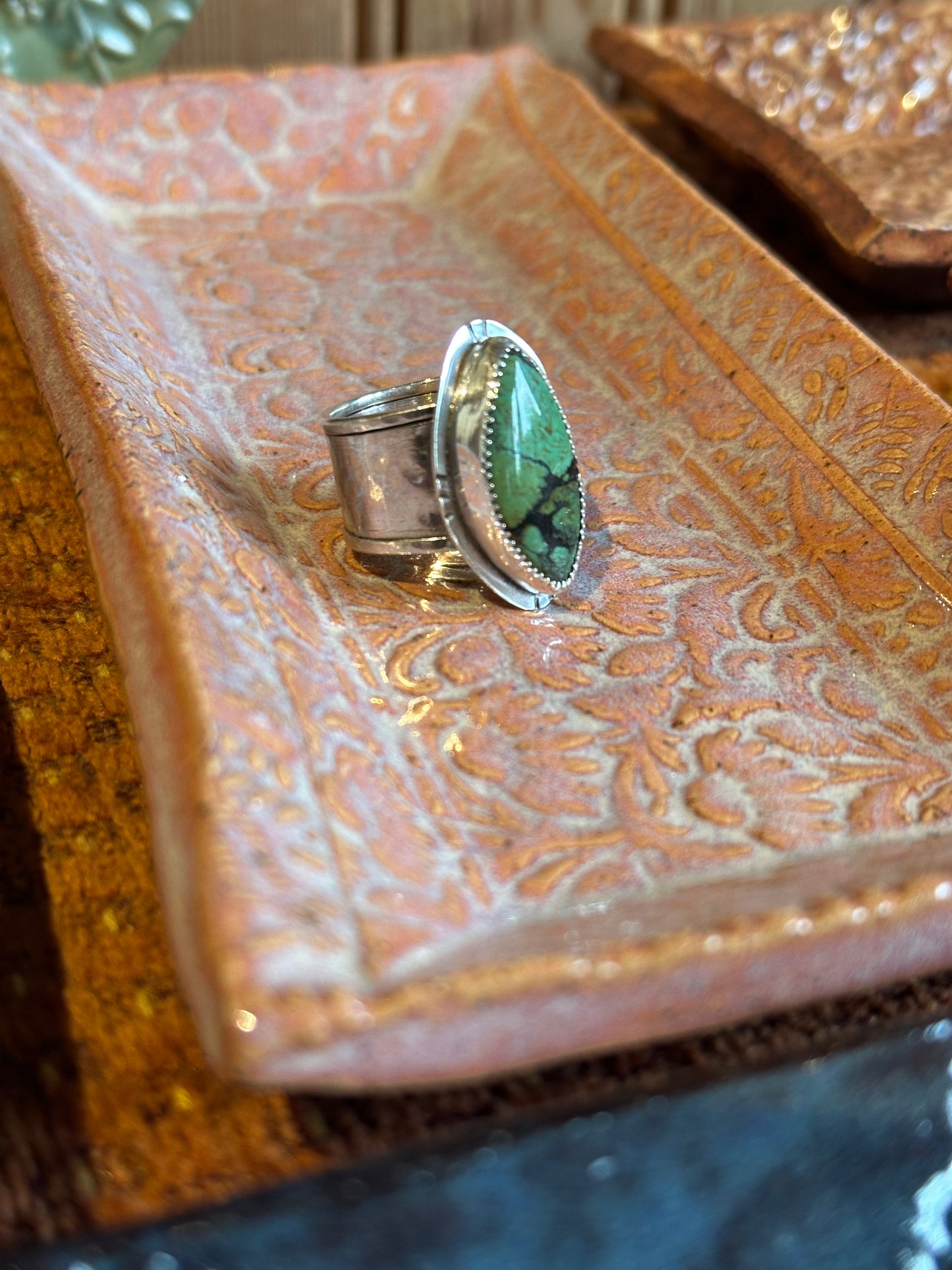 Hammered Wide Band Ring with Hubei Turquoise