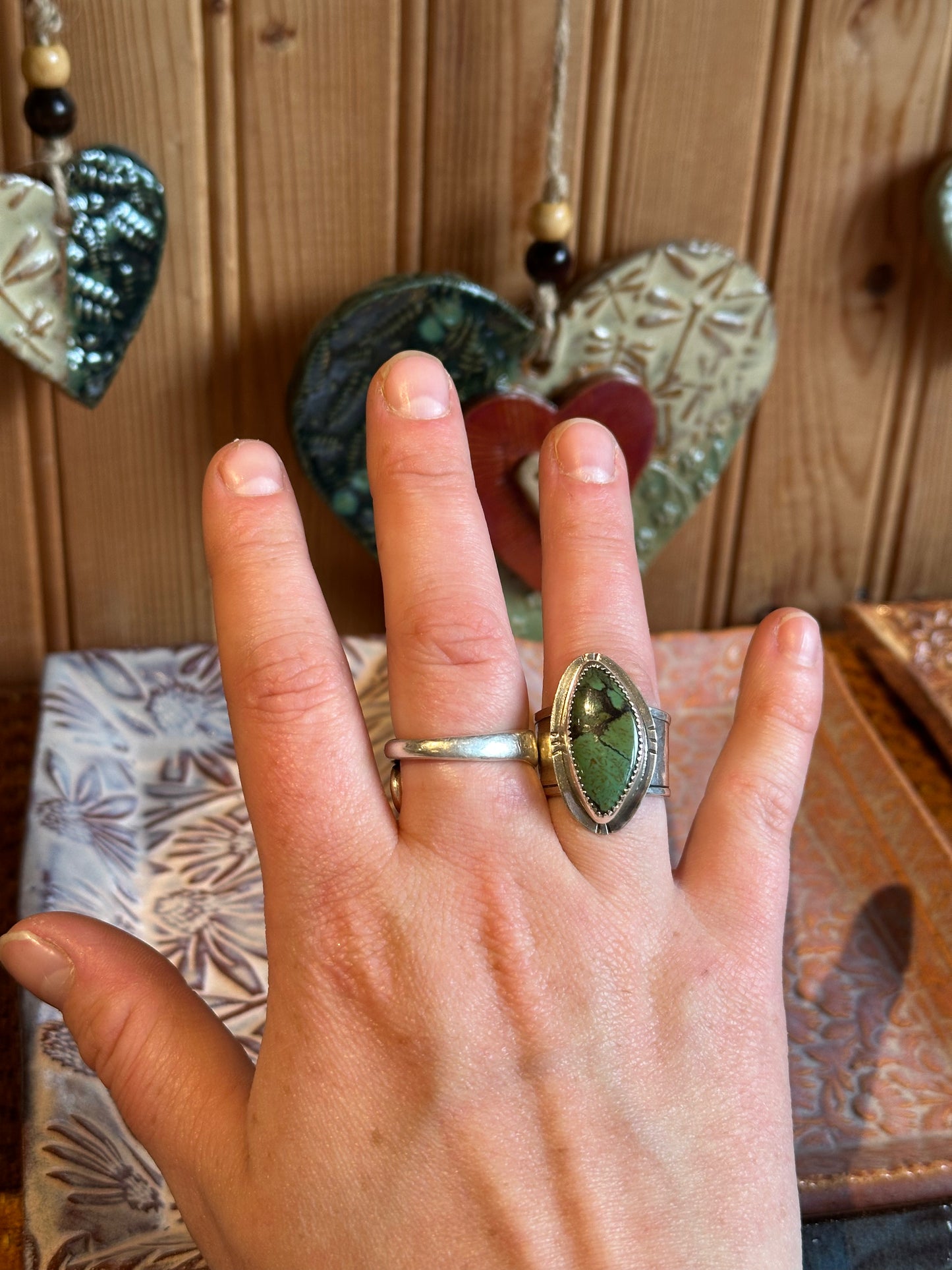Hammered Wide Band Ring with Hubei Turquoise